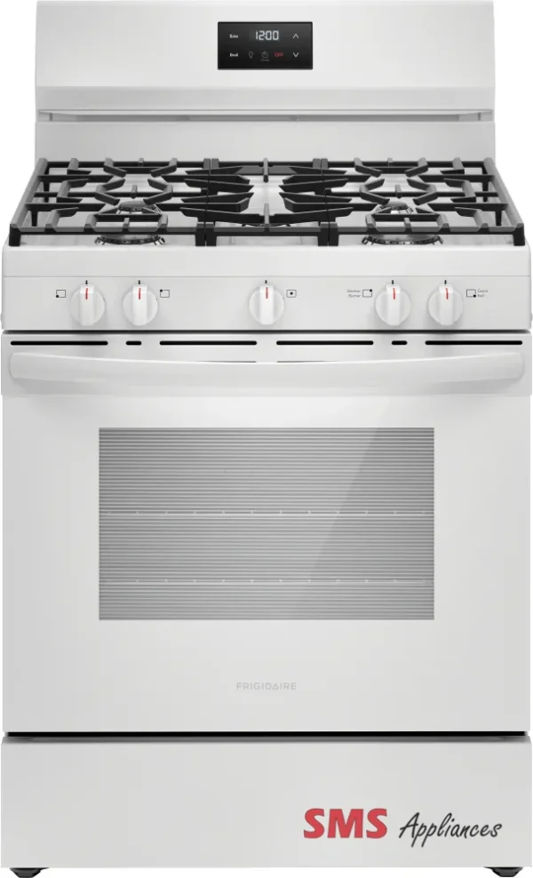 Frigidaire 30″ Gas Range – FCRG3052BW.jpg - SMS Appliances Frigidaire 30-inch Gas Range - FCRG3052BW in white, showcasing modern design and efficient cooking features.